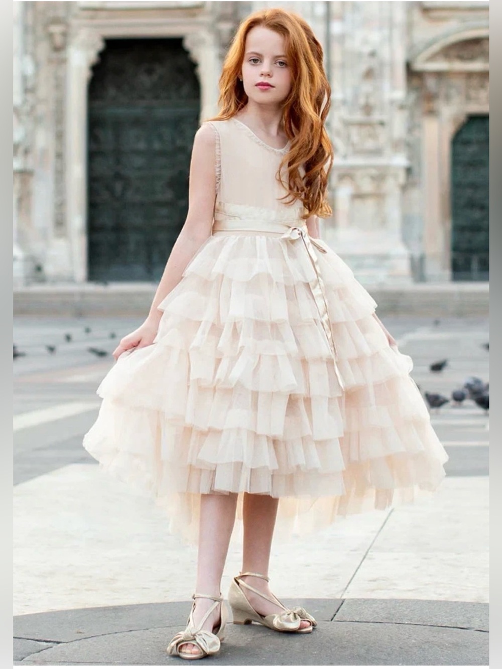 Joyfolie Cream Layered Tulle Formal Dress for Girls Geneva Dress in Gold size 12